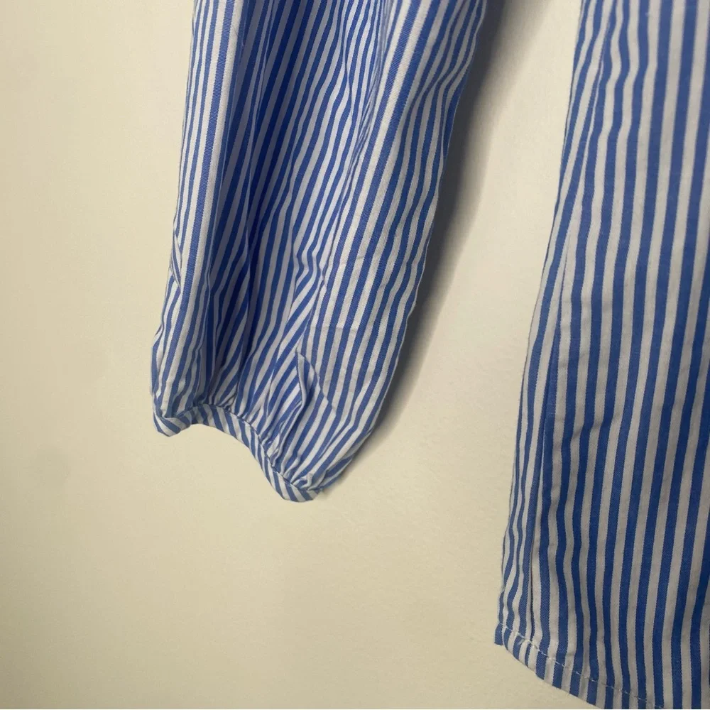 J. Crew Ruffle Neck Stripe Top in Blue and White Organic Cotton XS